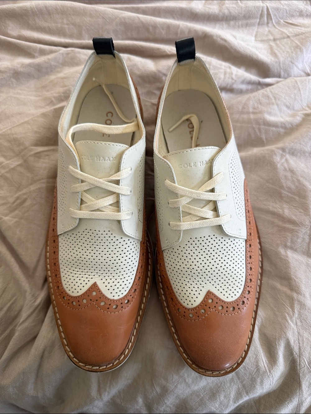 Cole Haan Two-Tone White and Brown Wingtip Derby Oxfords